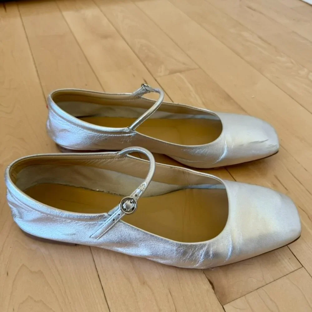 Aeyde Metallic Silver Mary Jane Flats